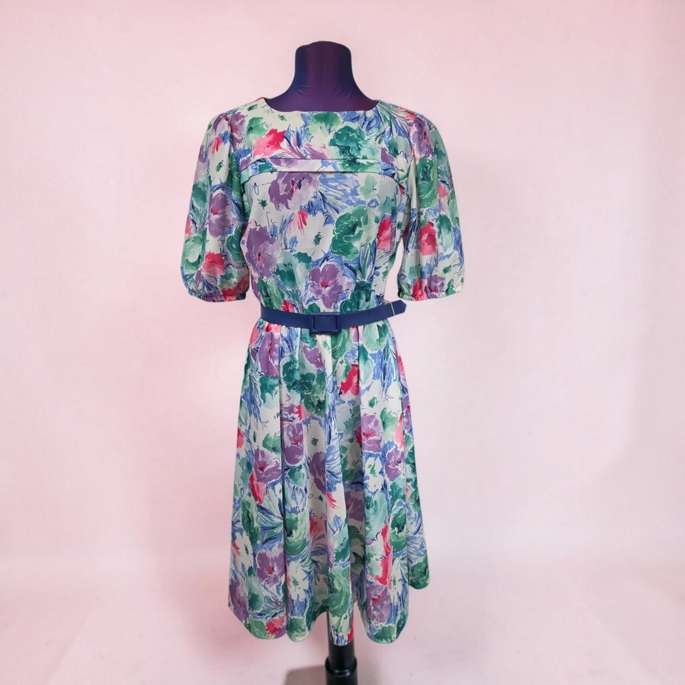 Studio Petites Vintage 80s Floral Midi Dress Blue Belted Size 12P Made in USA